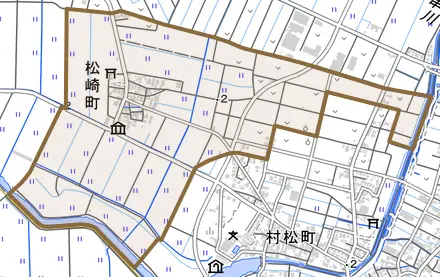 松崎町とその周辺の地図。町の範囲を重ねている