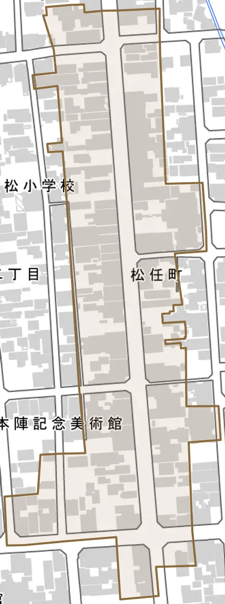 松任町とその周辺の地図。町の範囲を重ねている