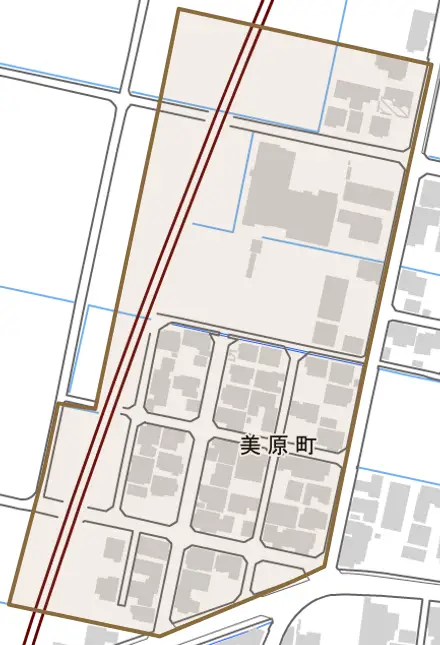 美原町とその周辺の地図。町の範囲を重ねている