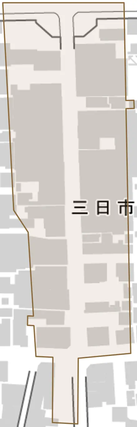 三日市町とその周辺の地図。町の範囲を重ねている