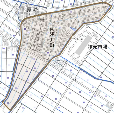 南浅井町とその周辺の地図。町の範囲を重ねている