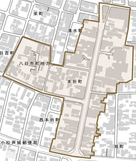 本折町とその周辺の地図。町の範囲を重ねている