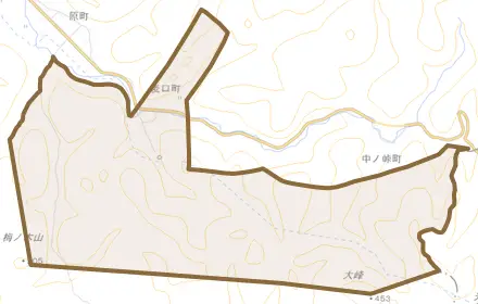 麦口町とその周辺の地図。町の範囲を重ねている