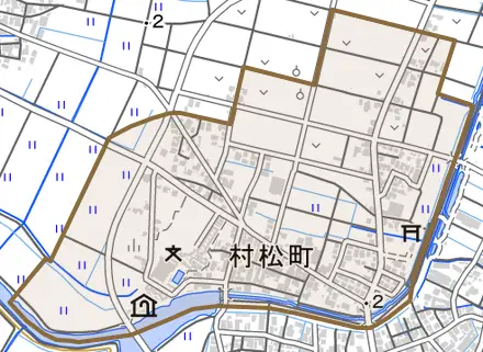 村松町とその周辺の地図。町の範囲を重ねている