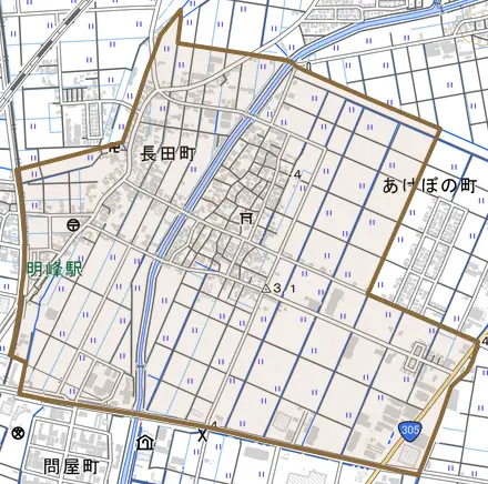 長田町とその周辺の地図。町の範囲を重ねている