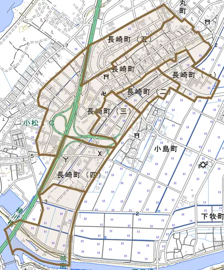 長崎町とその周辺の地図。町の範囲を重ねている