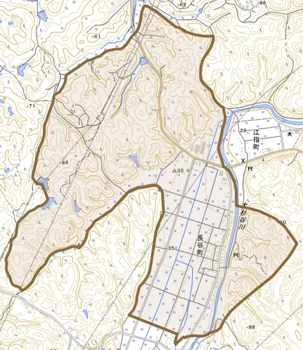 長谷町とその周辺の地図。町の範囲を重ねている