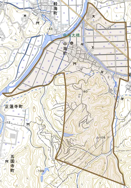 中海町とその周辺の地図。町の範囲を重ねている