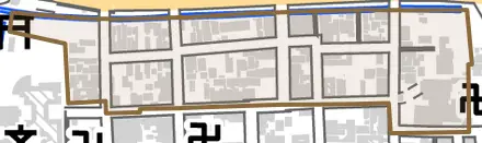 西町とその周辺の地図。町の範囲を重ねている