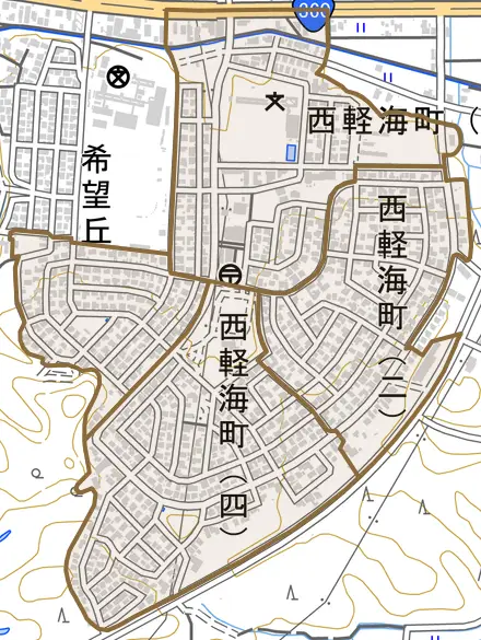 西軽海町とその周辺の地図。町の範囲を重ねている