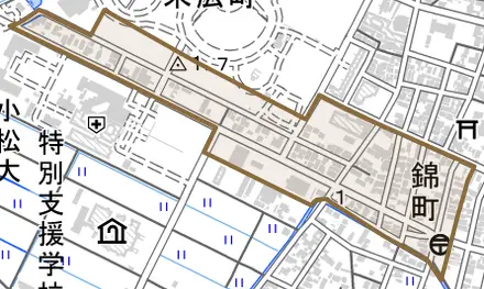 錦町とその周辺の地図。町の範囲を重ねている