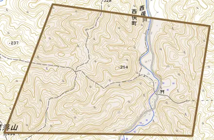 西俣町とその周辺の地図。町の範囲を重ねている