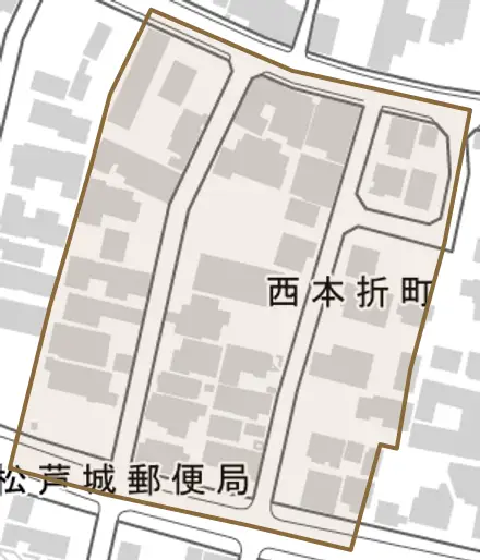 西本折町とその周辺の地図。町の範囲を重ねている