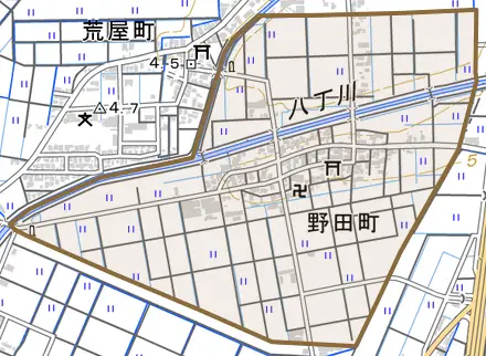 野田町とその周辺の地図。町の範囲を重ねている