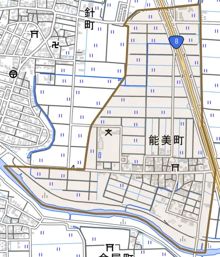 能美町とその周辺の地図。町の範囲を重ねている