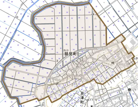 額見町とその周辺の地図。町の範囲を重ねている