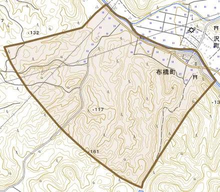 布橋町とその周辺の地図。町の範囲を重ねている