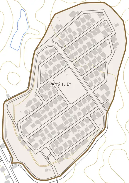 おびし町とその周辺の地図。町の範囲を重ねている