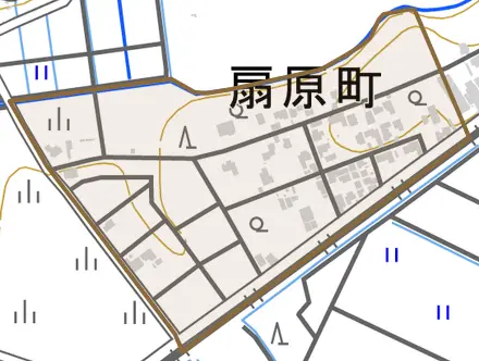 扇原町とその周辺の地図。町の範囲を重ねている