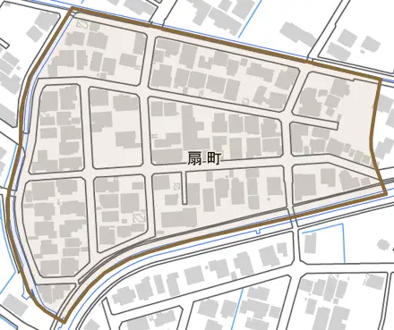 扇町とその周辺の地図。町の範囲を重ねている