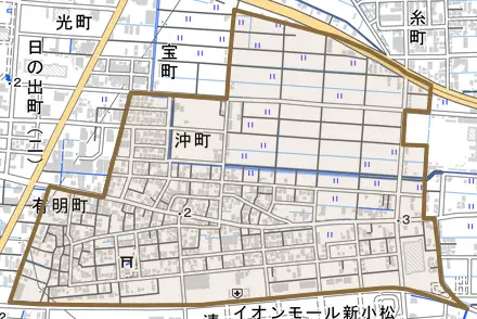 沖町とその周辺の地図。町の範囲を重ねている