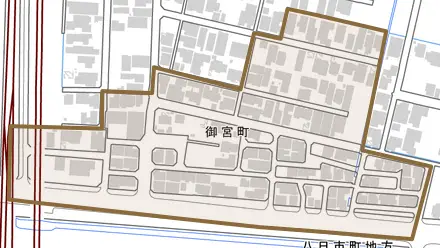 御宮町とその周辺の地図。町の範囲を重ねている