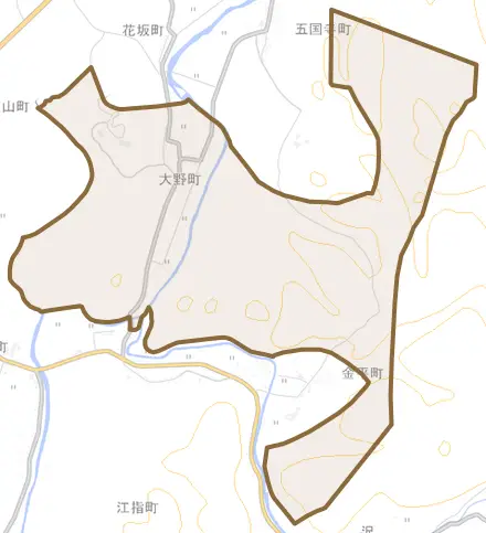 大野町とその周辺の地図。町の範囲を重ねている
