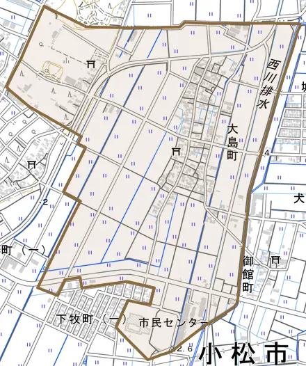 大島町とその周辺の地図。町の範囲を重ねている