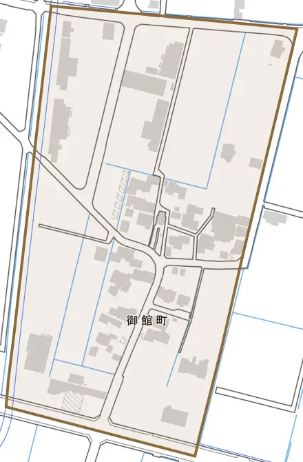 御館町とその周辺の地図。町の範囲を重ねている