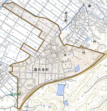 蓮代寺町とその周辺の地図。町の範囲を重ねている