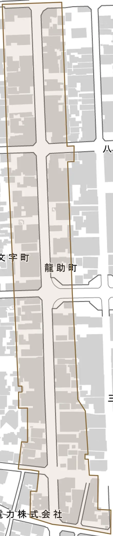 龍助町とその周辺の地図。町の範囲を重ねている