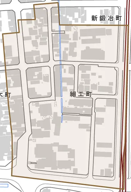 細工町とその周辺の地図。町の範囲を重ねている