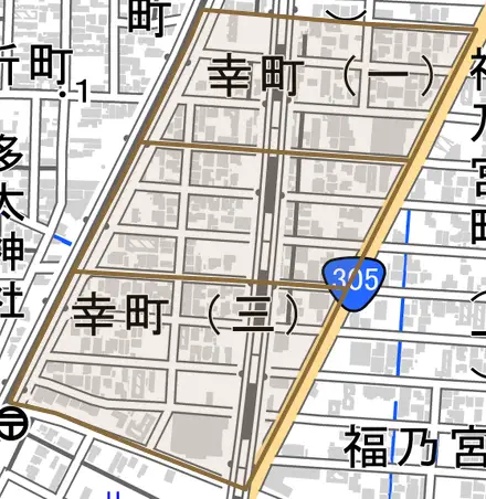 幸町とその周辺の地図。町の範囲を重ねている