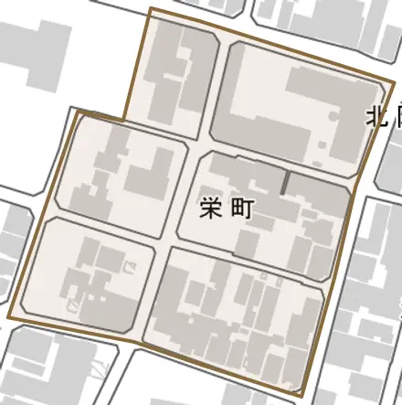 栄町とその周辺の地図。町の範囲を重ねている