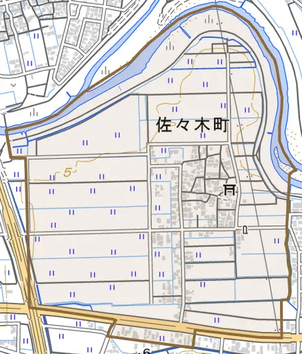 佐々木町とその周辺の地図。町の範囲を重ねている