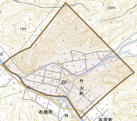 沢町とその周辺の地図。町の範囲を重ねている