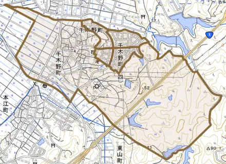千木野町とその周辺の地図。町の範囲を重ねている