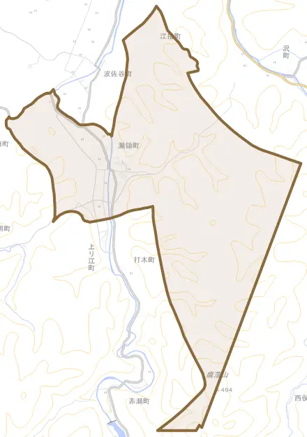 瀬領町とその周辺の地図。町の範囲を重ねている