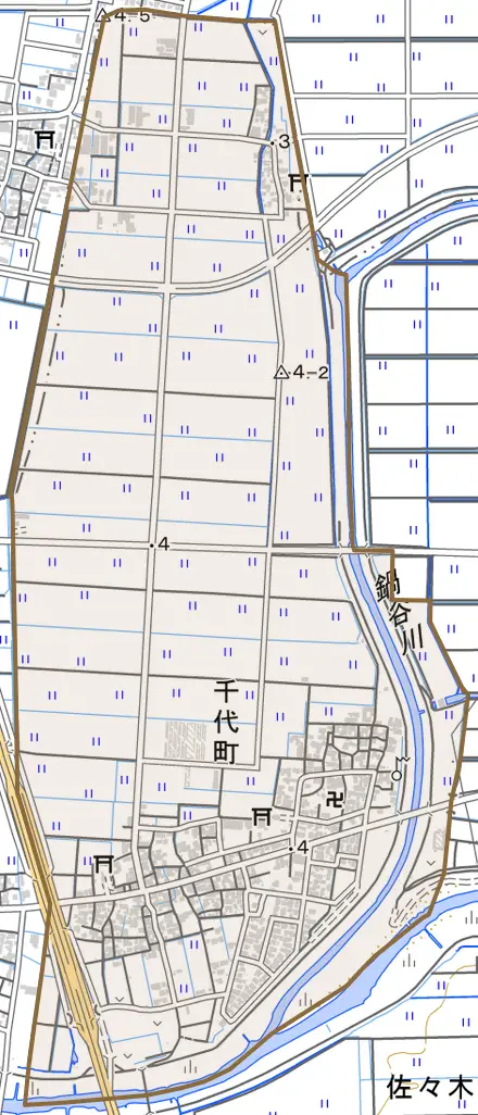 千代町とその周辺の地図。町の範囲を重ねている