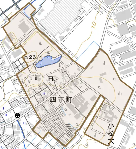 四丁町とその周辺の地図。町の範囲を重ねている