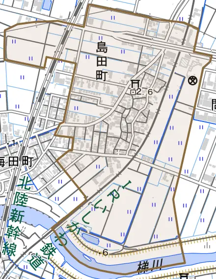 島田町とその周辺の地図。町の範囲を重ねている