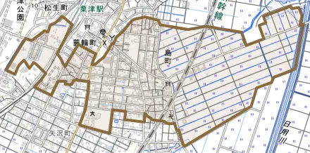 島町とその周辺の地図。町の範囲を重ねている