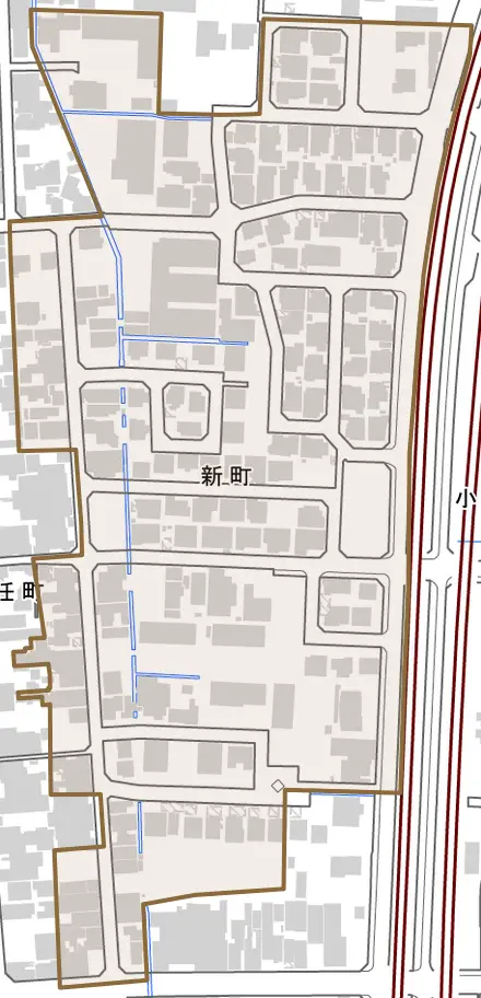 新町とその周辺の地図。町の範囲を重ねている