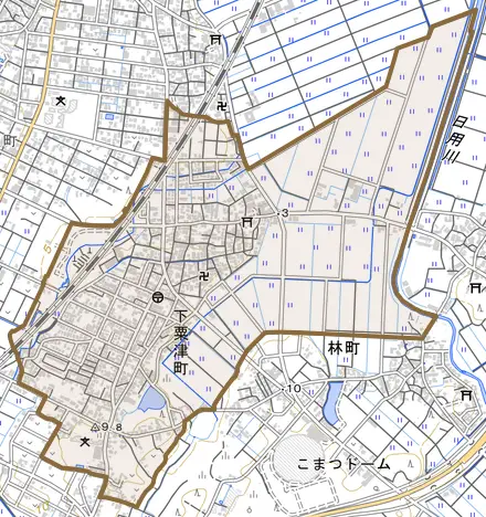 下粟津町とその周辺の地図。町の範囲を重ねている