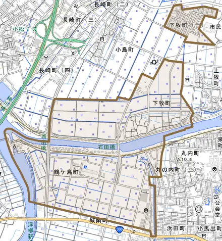 下牧町とその周辺の地図。町の範囲を重ねている