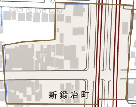 新鍛冶町とその周辺の地図。町の範囲を重ねている