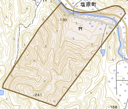 塩原町とその周辺の地図。町の範囲を重ねている