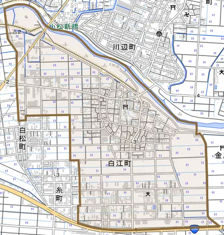 白江町とその周辺の地図。町の範囲を重ねている