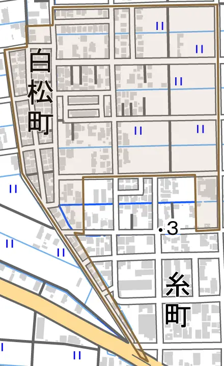 白松町とその周辺の地図。町の範囲を重ねている