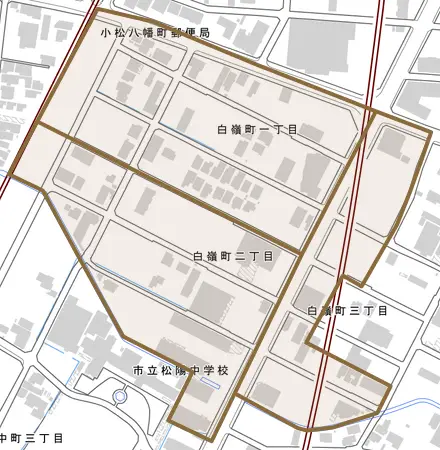 白嶺町とその周辺の地図。町の範囲を重ねている